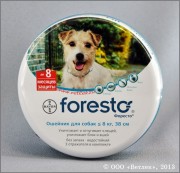 Форесто ошейник для собак весом до 8 кг, (Foresto S/M) 38 см. Непрерывное использование ошейника обеспечивает защиту собак от блох, вшей, власоедов в течение 6 месяцев, а от иксодовых клещей в течение — 7-8 месяцев. Упаковка также содержит три светоотражающих зажима, которые могут быть прикреплены к ошейнику на постоянной основе для того, чтобы животное было заметно в темноте